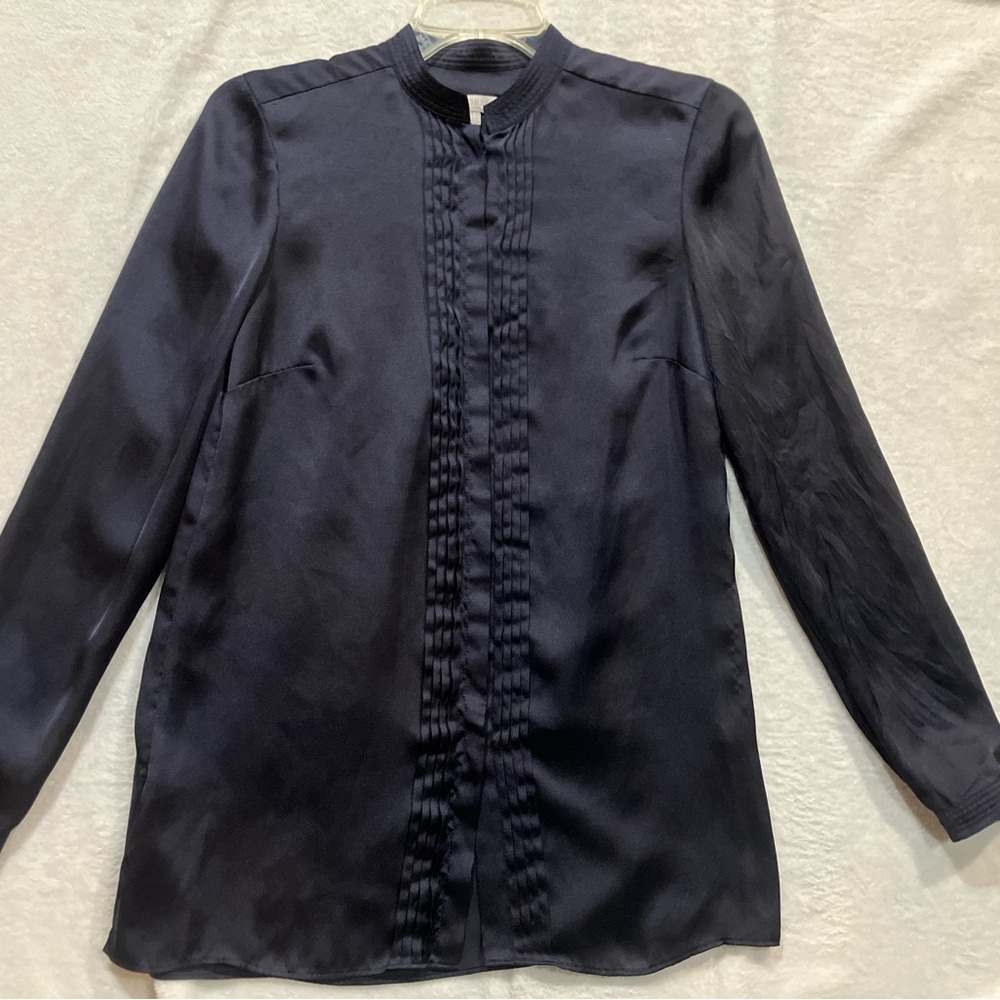Hobbs London‎ Women's Navy Long Sleeve Blouse With Bib Collar Pleated Front Sz 2